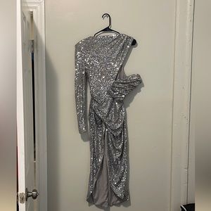 COPY - Silver Sequin 1 Sleeve Mini Dress